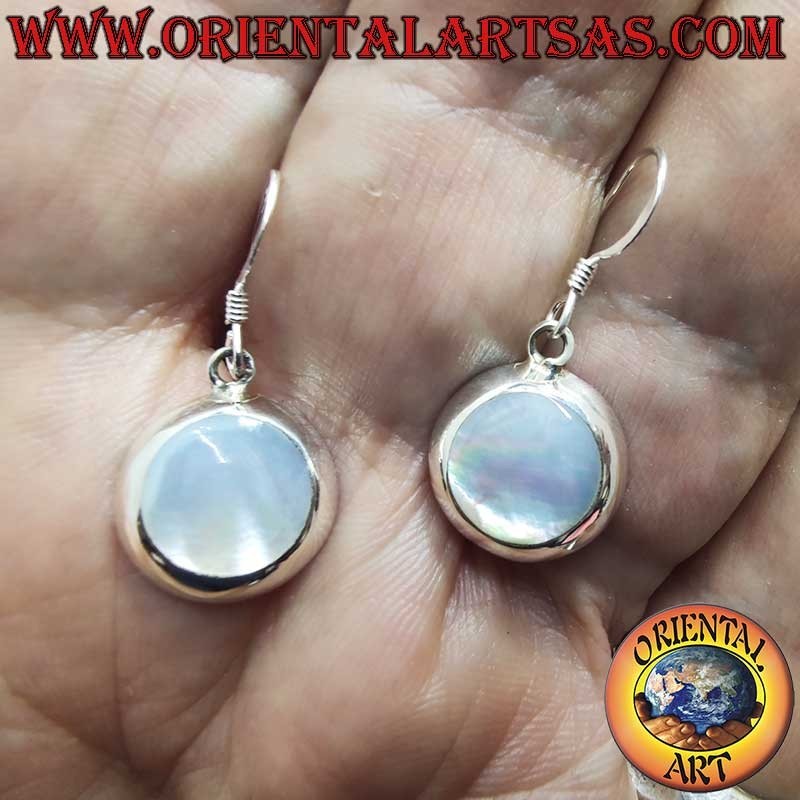 Boucles Oreilles Argent 925 Nacre Blanche Ronde Pendante 14mm