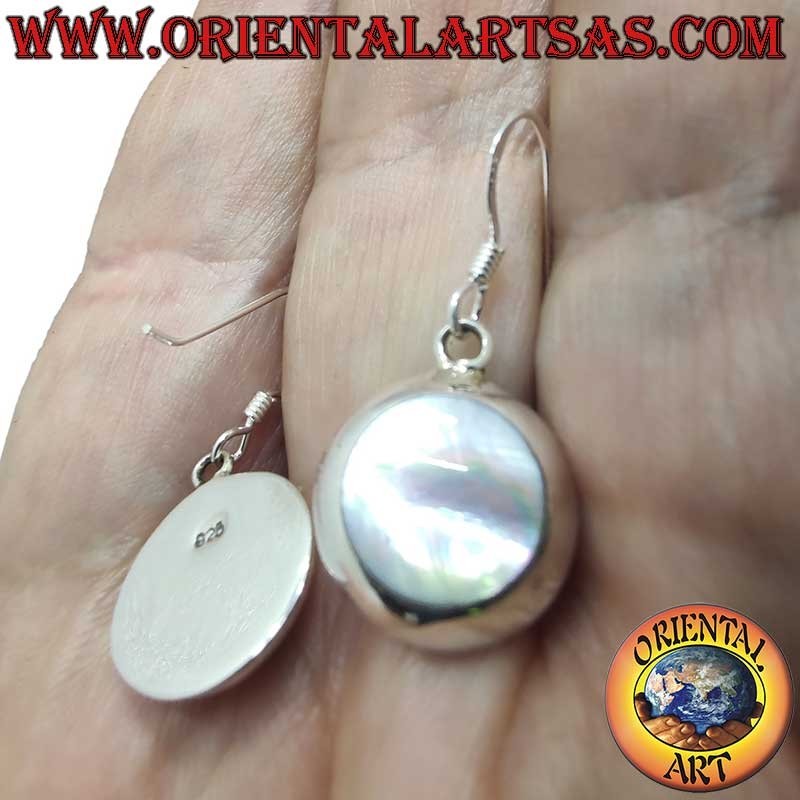 925 Silver Earrings White Mother of Pearl Round Dangle 14mm