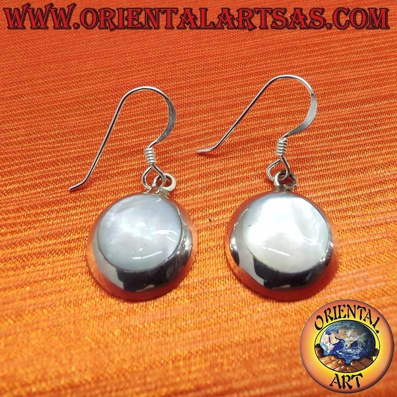 Pendientes Plata 925 Madreperla Blanca Redondos Colgantes 14mm