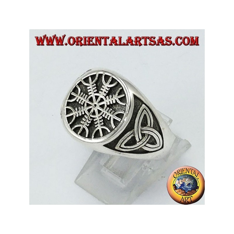 Bague en argent, vegevir (boussole celtique) avec tyrone nœud