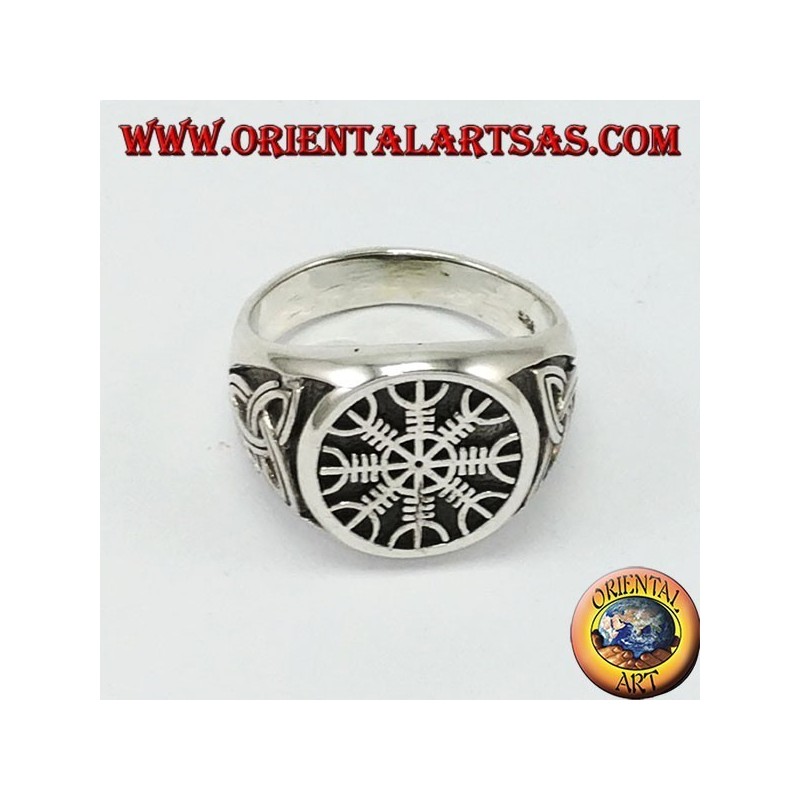 Anello d'argento , vegvisir (compasso celtico) con nodo di tyrone