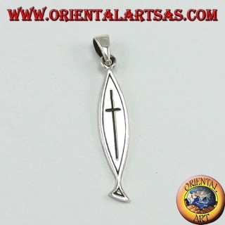 ciondolo in argento, croce intagliata su Ichthys (cristogramma)