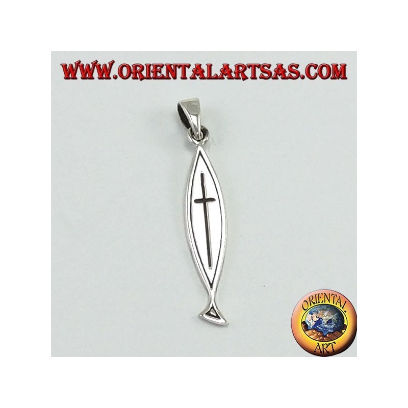 pendentif en argent, croix sculptée sur Ichthys (Christogramme)