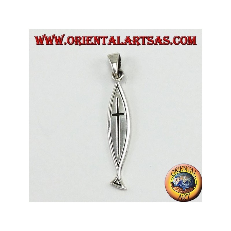 silver pendant, linear carved cross