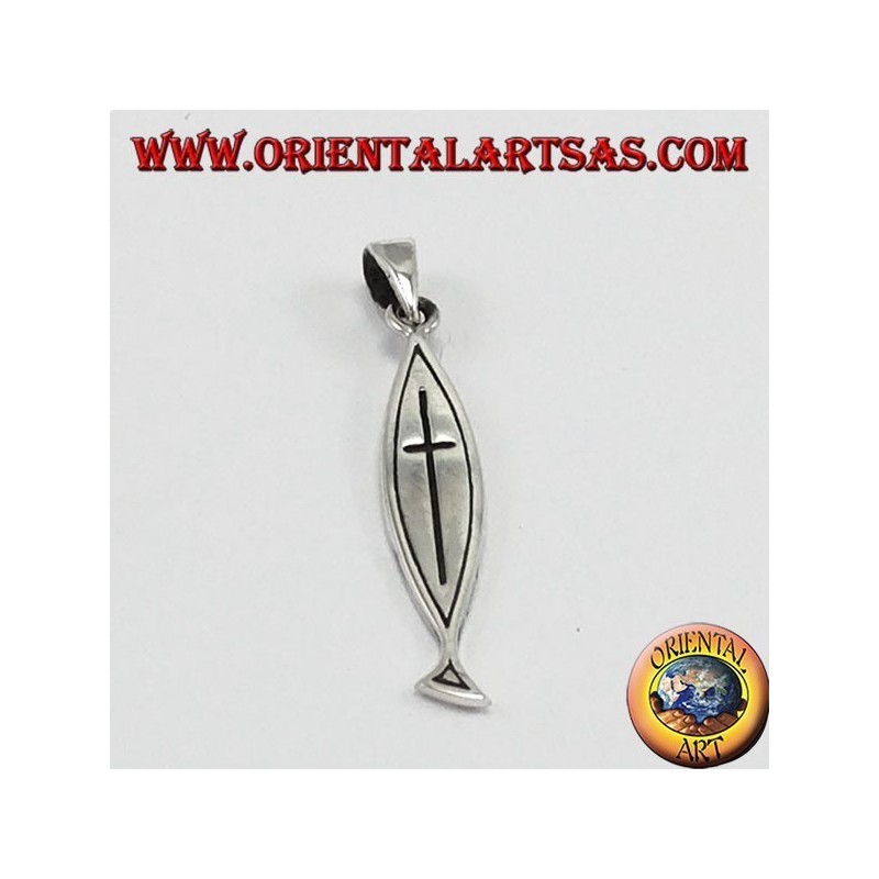 pendentif en argent, croix sculptée sur Ichthys (Christogramme)