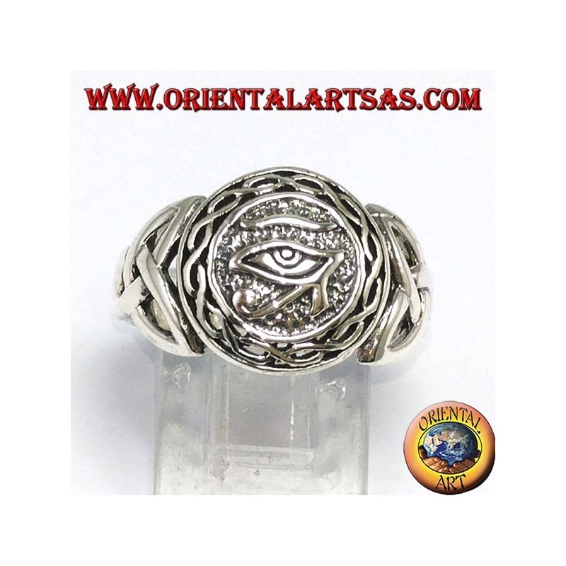 Anello in argento, occhio di Horus con nodo di Tyrone