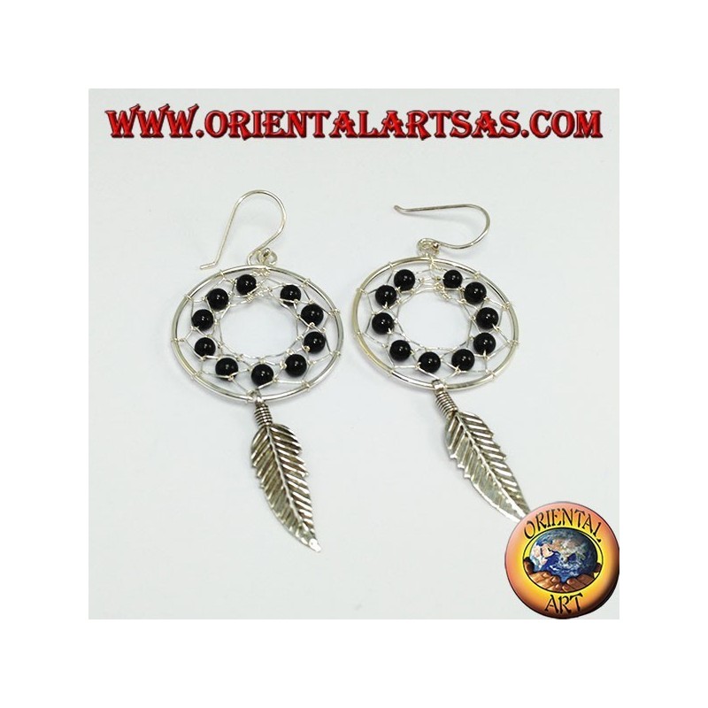 Boucles d'oreilles en argent, capteur de rêves de mm.25 avec des boules d'onyx