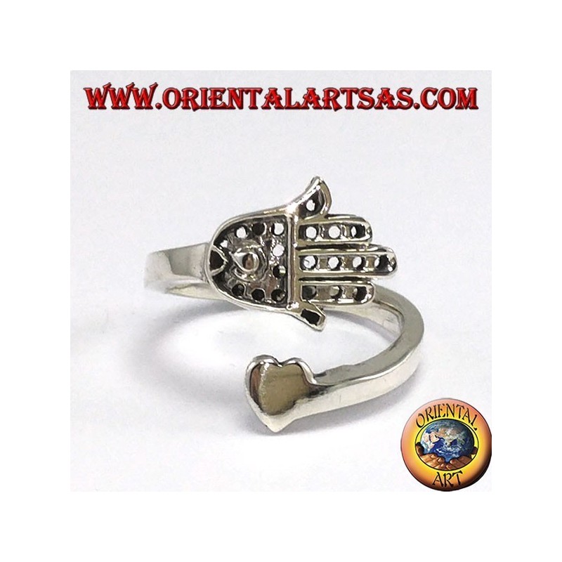 Silver ring, Hand of Fatima (Hamsa) with heart