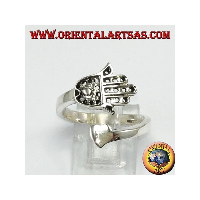 Anillo de plata, Mano de Fátima (Hamsa) con corazón