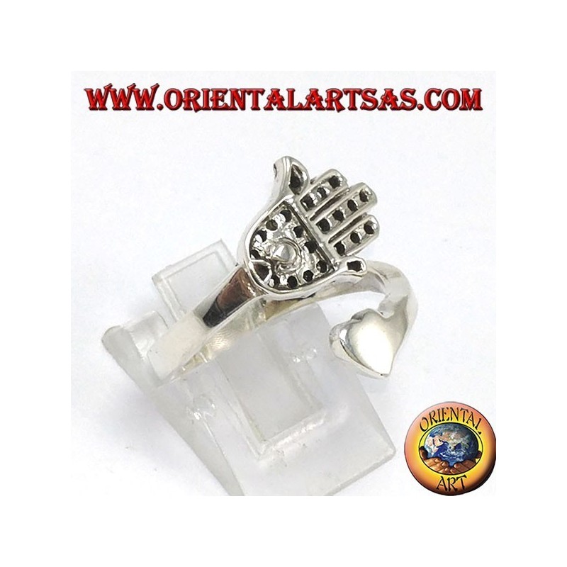 Bague en argent, Main de Fatima (Hamsa) avec coeur