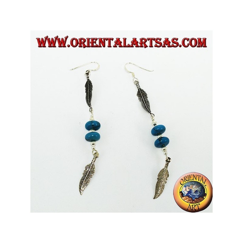 Native silver earrings 2 feathers with 2 turquoise