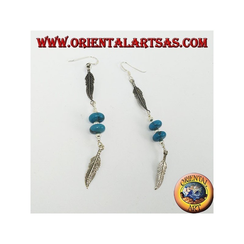 Boucles d'oreilles natives en argent 2 plumes avec 2 turquoises
