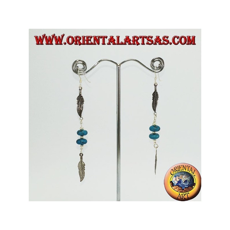 Native silver earrings 2 feathers with 2 turquoise