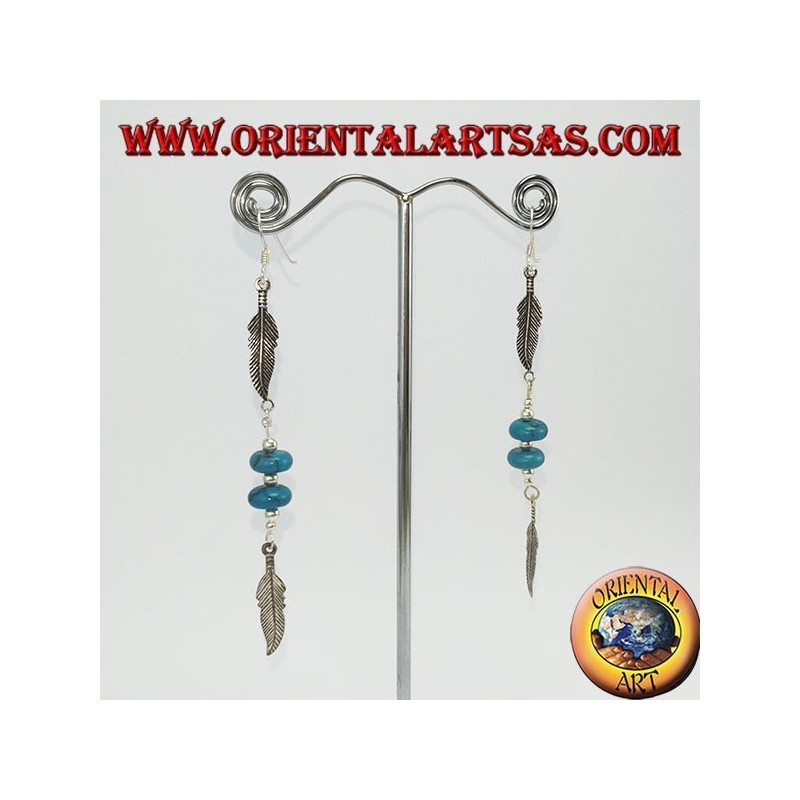 Pendientes de plata nativos 2 plumas con 2 turquesas