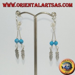 Silver earrings, semicircle with 2 feathered pendants and turquoise