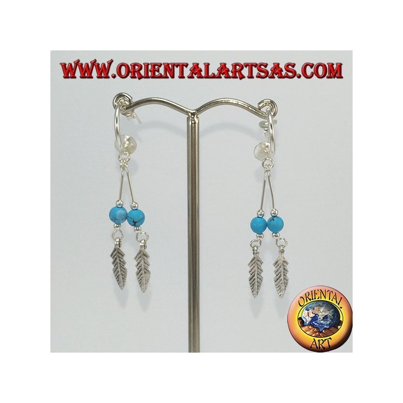 Boucles d'oreilles en argent, demi-cercle avec 2 pendentifs à plumes et turquoise