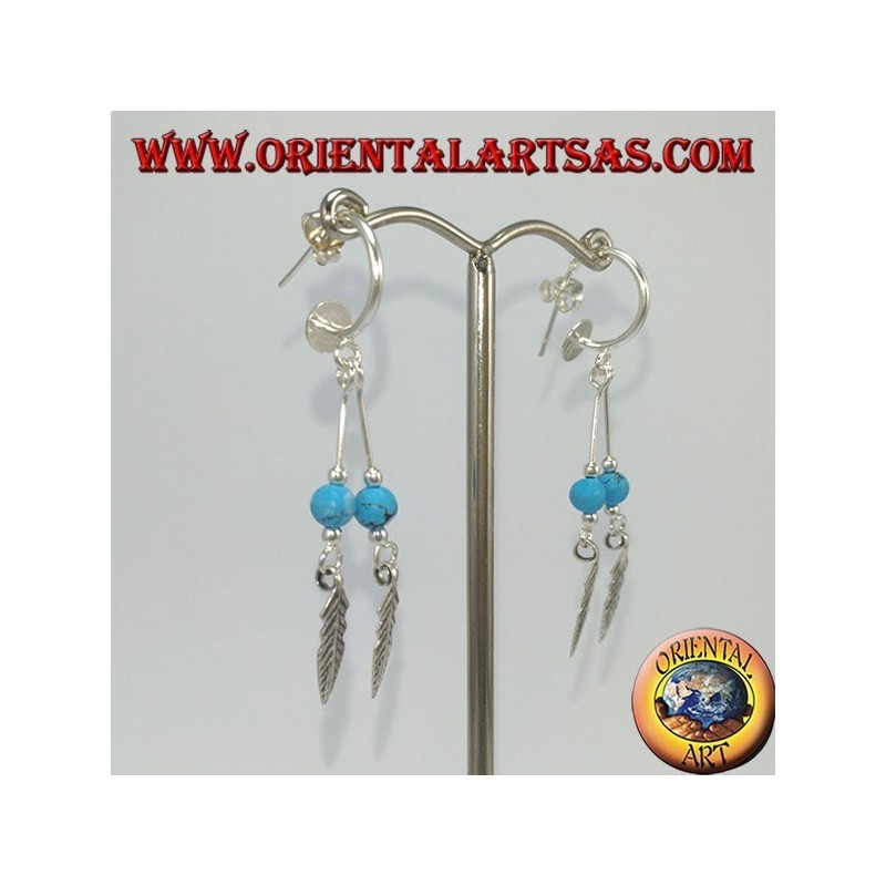 Boucles d'oreilles en argent, demi-cercle avec 2 pendentifs à plumes et turquoise