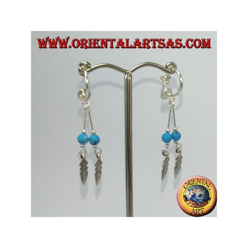 Silver earrings, semicircle with 2 feathered pendants and turquoise