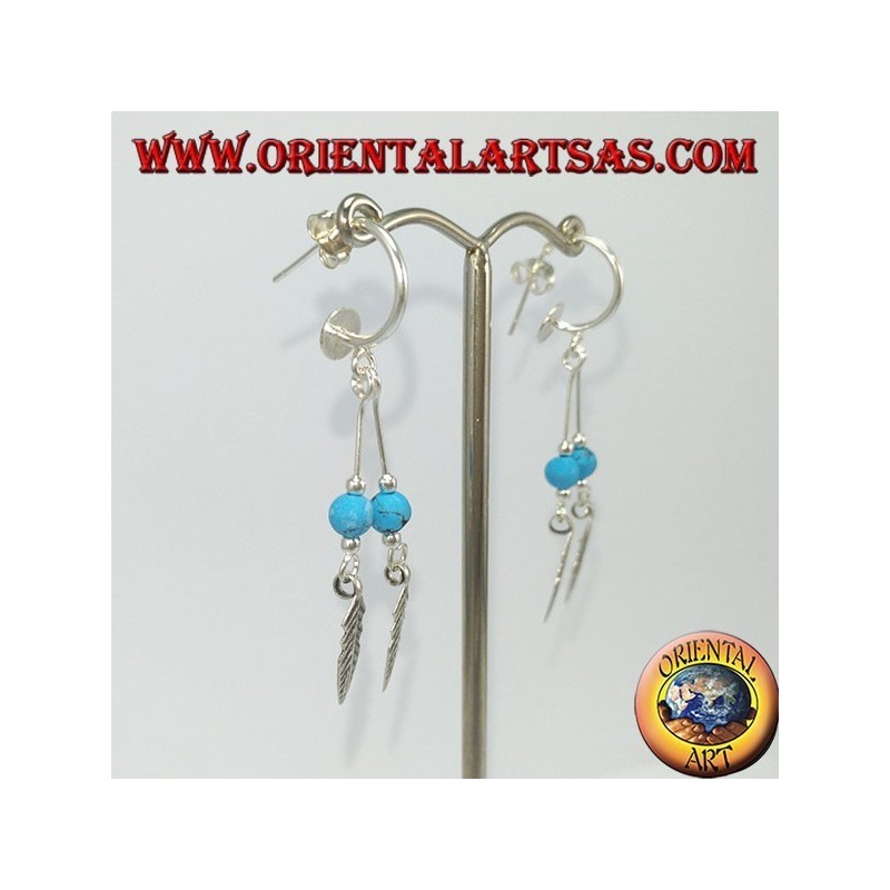 Silver earrings, semicircle with 2 feathered pendants and turquoise