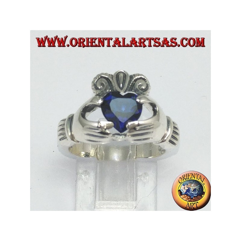 Claddagh Ring mit Zirkon (blaue Saphirfarbe)