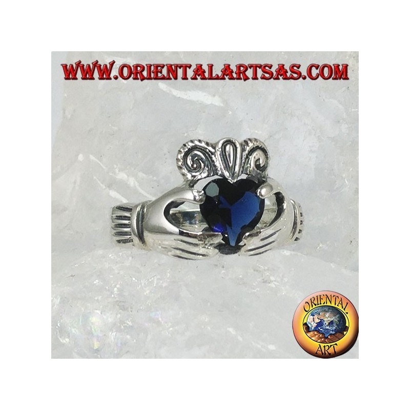 Claddagh ring with zircon (blue sapphire color)