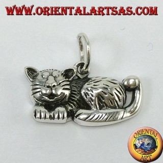 Pendentif en argent, chat détendu