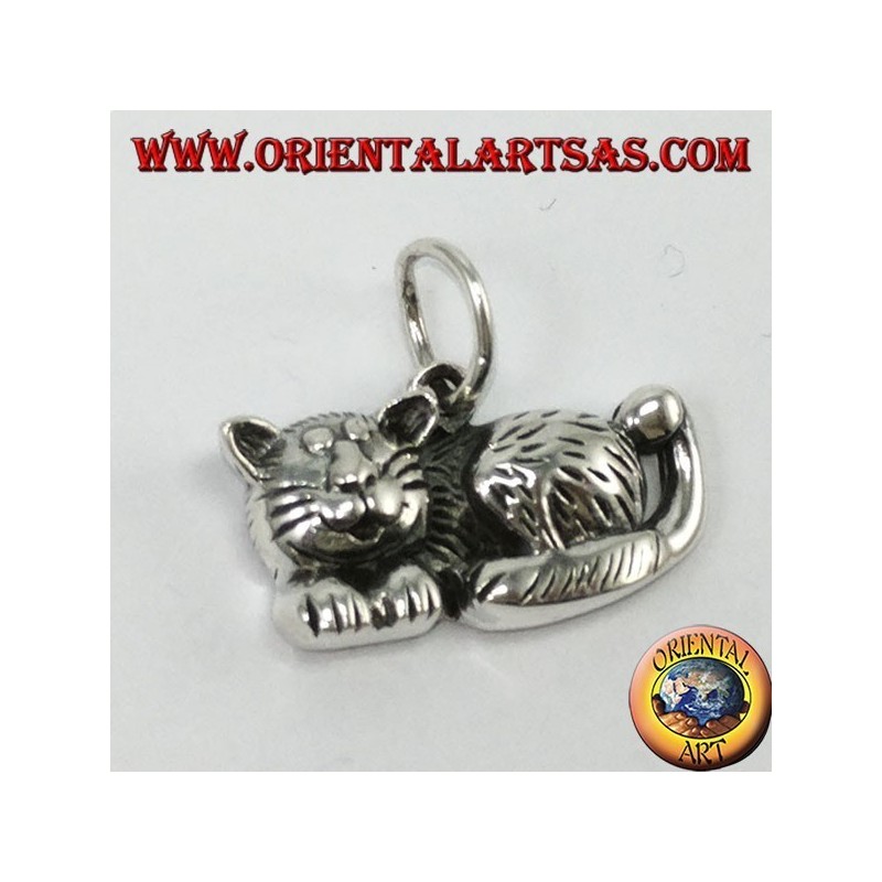 Colgante de plata, gato relajado