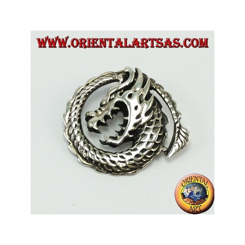 Colgante artesanal de plata 925 que representa un dragón en espiral, símbolo de energía vital y protección.