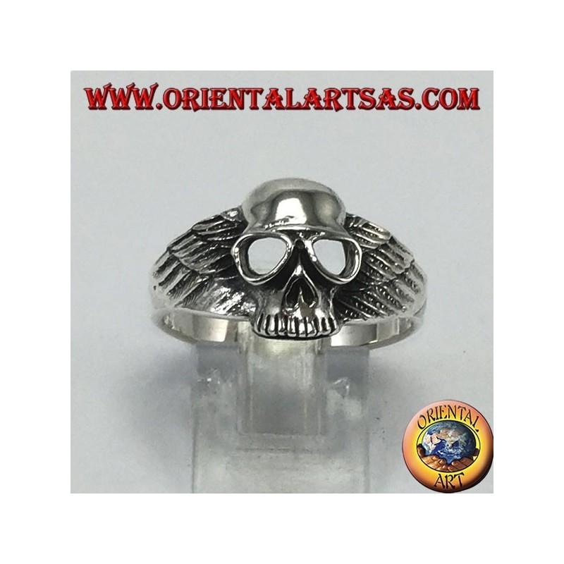 Anillo de plata, calavera con alas de motorista