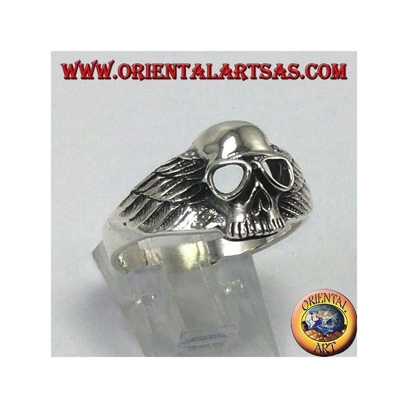 Silver ring, skull with biker wings