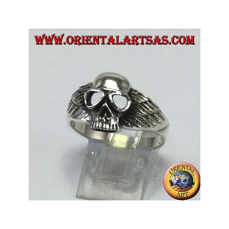 Silver ring, skull with biker wings