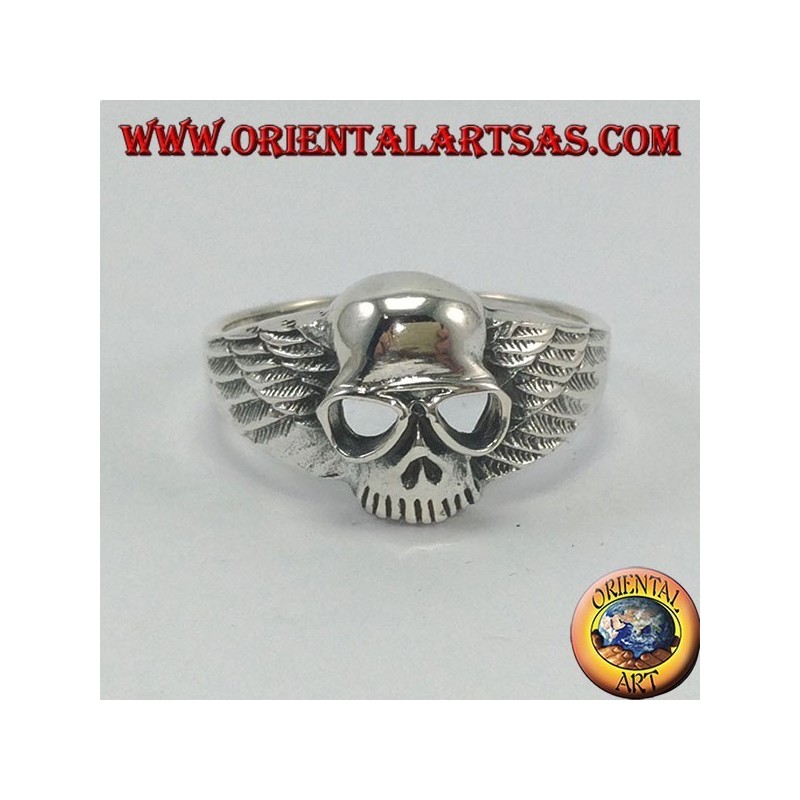 Anillo de plata, calavera con alas de motorista