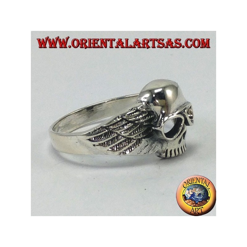 Silver ring, skull with biker wings